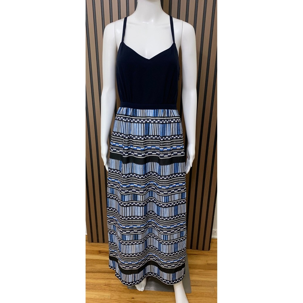 J.Crew Women's Blue Geometric Striped Maxi Dress Navy V-Neck 2 Classic